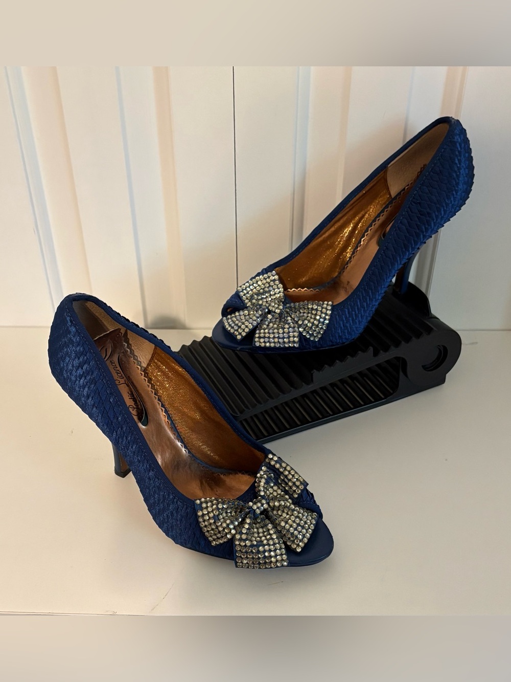 POETIC LICENSE Vintage-Style Navy Blue Peep-Toe Heels with Rhinestone Bow